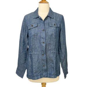 J. McLaughlin Linen Blazer Jacket Blue Denim Cinch Waist Long Sleeve Soft Size S